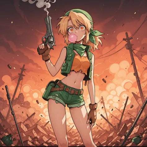masterpiece, best quality, amazing quality, Anime Screencap. BREAK. 1girl, kasamoto_eri, metal_slug, blonde_hair, bandana, green_bandana, fingerless_gloves, brown_gloves, crop_top, short_shorts, green_shorts, vest, open_vest, small_breasts, navel, midriff,...
