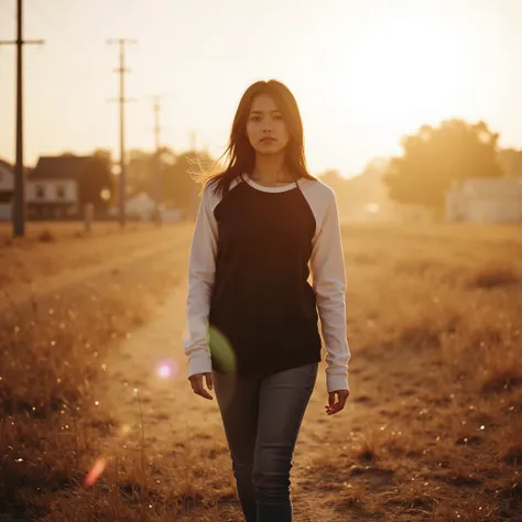 Realistic cinematic close-up portrait of a young woman with long dark hair and fair skin, walking through a dry, open field at sunset, wearing classic black Converse sneakers. She wears a dark baseball-style raglan shirt with white sleeves and fitted blue ...
