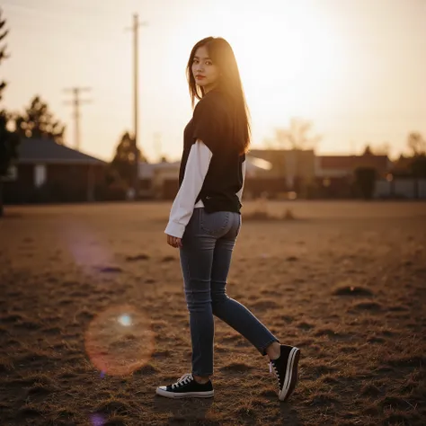 Realistic cinematic close-up portrait of a young woman with long dark hair and fair skin, walking slowly through a dry, open field at sunset, wearing classic black Converse sneakers. She wears a dark baseball-style raglan shirt with white sleeves and fitte...