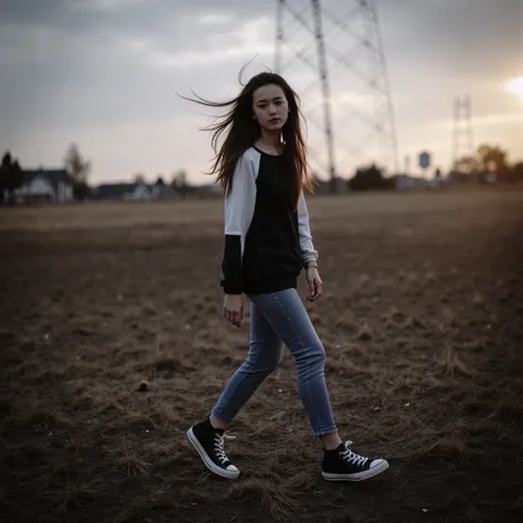 Realistic cinematic close-up portrait of a young woman with long dark hair and fair skin, walking slowly through a dry, open field at dusk, wearing classic black Converse sneakers. She wears a dark baseball-style raglan shirt with white sleeves and fitted ...