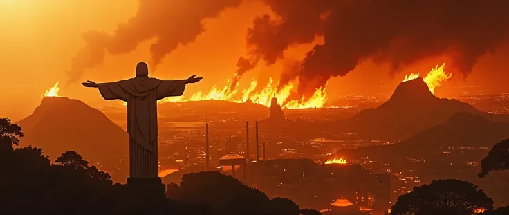 Rio de Janeiro in flames, satellite view, with Christ the Redeemer in the foreground.. Maracanã seen below. complex clothing textures, warm lighting, photorealistic, cinematic composition, vibrant colors, depth of field (best quality, 8k, high resolution, ...