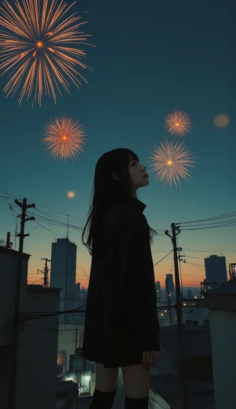 Shinkai Makoto's style ,A woman has a world between her palms and lots of fireworks、Japan's wonderful summer nights spread between the palms. The sky is filled with breathtakingly beautiful fireworks, a huge firework bursts brightly in the center , The ...