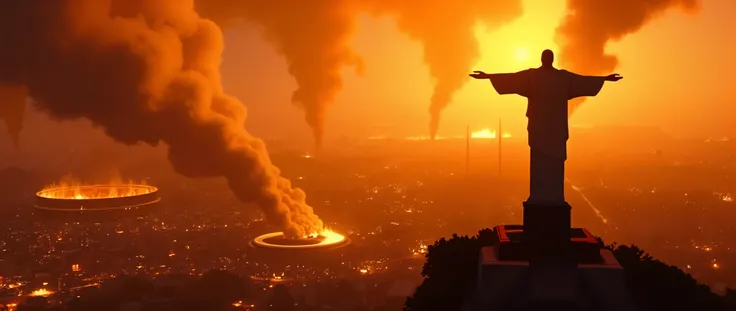 Rio de Janeiro in flames, satellite view, with Christ the Redeemer in the foreground.. Maracanã seen below. complex clothing textures, warm lighting, photorealistic, cinematic composition, vibrant colors, depth of field (best quality, 8k, high resolution, ...