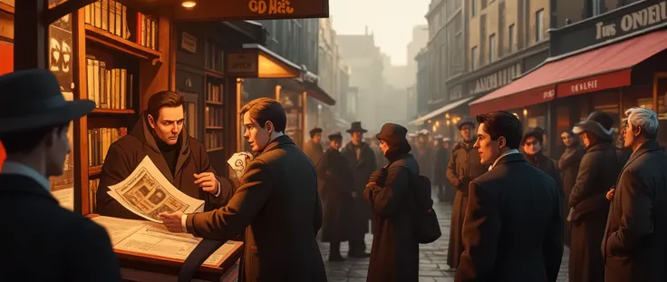 London 1938; People reading newspaper in front of a newsstand; detailed facial features, complex clothing textures, warm lighting, photorealistic, cinematic composition, vibrant colors, depth of field (best quality, 8k, high resolution, masterpiece: 1.2), ...