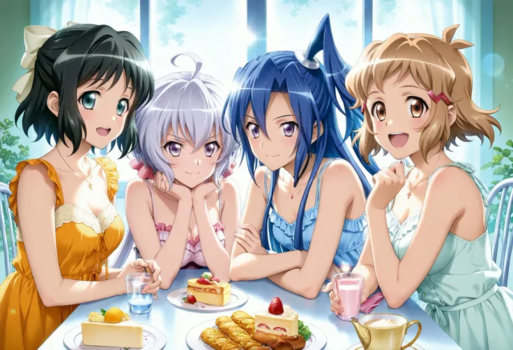 ((4 girls taken)),symphogear,(tachibana hibiki),(kohinata miku,),(Yukine Chris,),(kazanari tsubasa,),Super lesbian、dating、crosses arms、Good friends、smile、Lens Flare、lively, Shining Contours ,neon,、Official Art, masterpiece, very aesthetic、Light Powder、Clos...