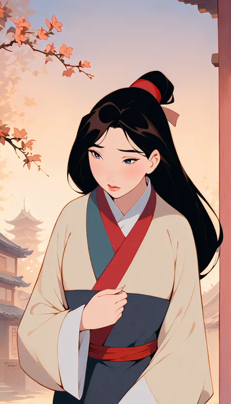Hua Mulan,Show female bravery,shy,like a porcelain doll, fine features, delicate,Black and red color scheme,poster,iconic disney characters。shonen style, anime style, straight hair, big hair, ((long hair)) ,chinese young woman warrior, black hair, traditio...