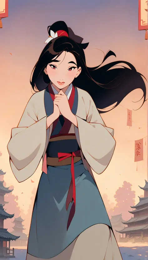 Hua Mulan,Show female bravery,shy,like a porcelain doll, fine features, delicate,Black and red color scheme,poster,iconic disney characters。shonen style, anime style, straight hair, big hair, ((long hair)) ,chinese young woman warrior, black hair, traditio...