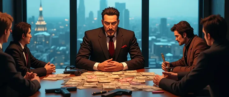 Imagine a large business table perched atop a tall building, offering a commanding view of the surrounding city. City of London seen through the Window.  On the table is a large pile of cash in various currencies, including dollars, Russian rubles, euros, ...