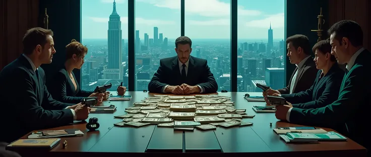 Imagine a large business table perched atop a tall building, offering a commanding view of the surrounding city. City of London seen through the Window.  On the table is a large pile of cash in various currencies, including dollars, Russian rubles, euros, ...