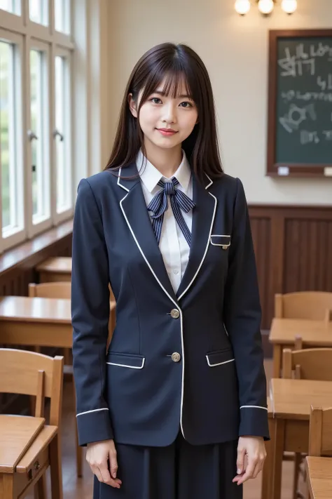 firm and big breasts, cleavage, A realistic photographic composition framed from just below the shoulders of a female student standing upright in a traditional school classroom, ensuring her entire head is fully visible within the frame without any croppin...