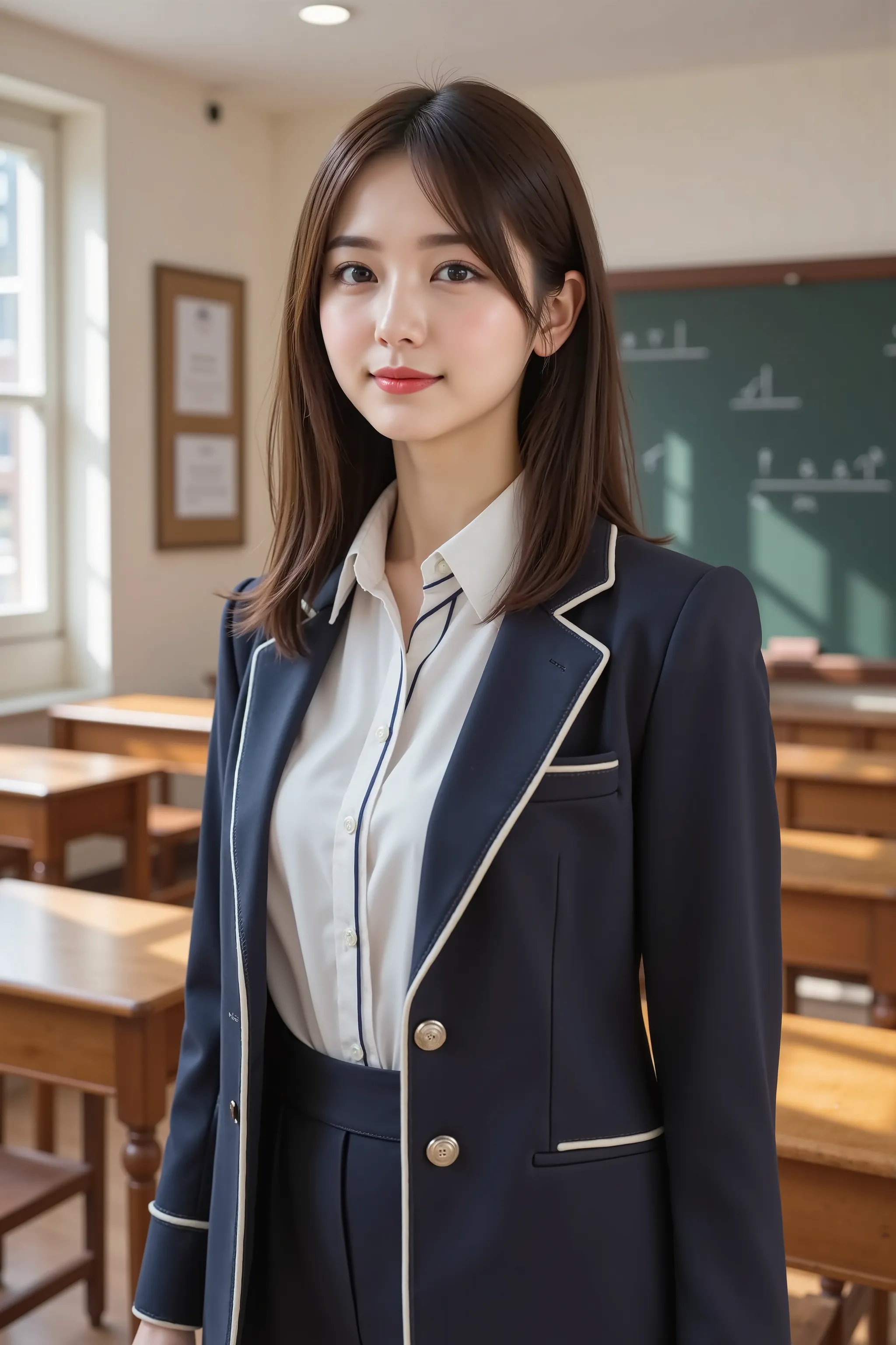 firm and big breasts, cleavage, A realistic photographic composition framed from just below the shoulders of a female student standing upright in a traditional school classroom, ensuring her entire head is fully visible within the frame without any croppin...