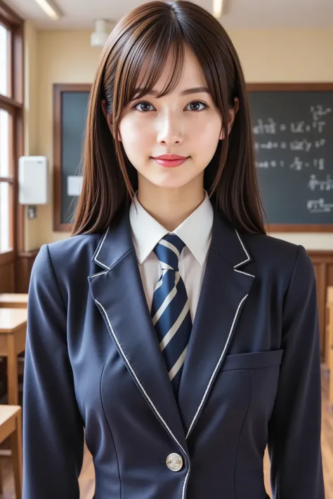 firm and big breasts, cleavage, A realistic photographic composition framed from just below the shoulders of a female student standing upright in a traditional school classroom, ensuring her entire head is fully visible within the frame without any croppin...