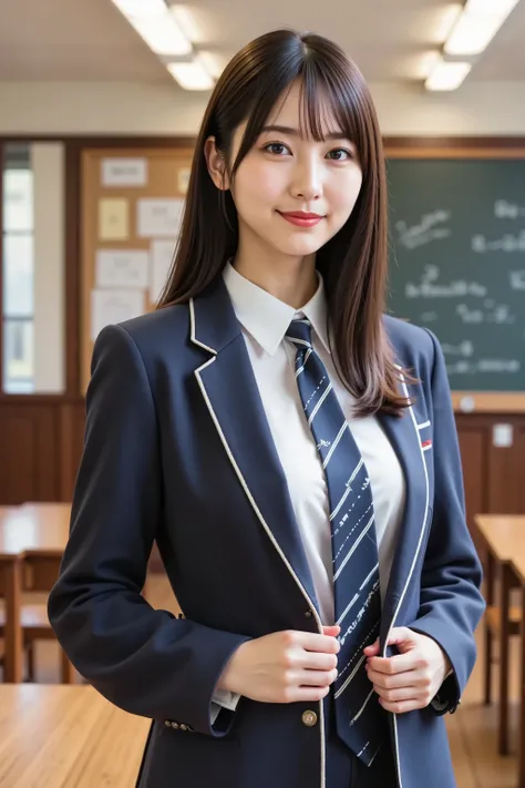 firm and big breasts, cleavage, A realistic photographic composition framed from just below the shoulders of a female student standing upright in a traditional school classroom, ensuring her entire head is fully visible within the frame without any croppin...