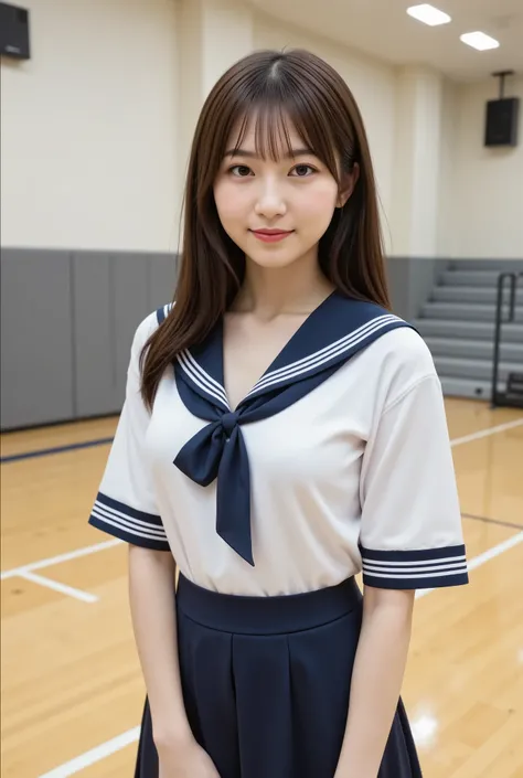 firm and big breasts, cleavage, A realistic photographic composition framed from just below the shoulders of a female high school student wearing a traditional sailor-style school uniform, ensuring her entire head is fully visible within the frame without ...