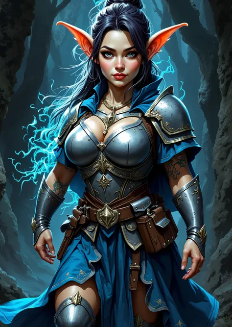 An extremely detailed comic book illustration of a stunningly beautiful extremely curvaceous Gnome from Dungeons and Dragons petite magical folk with big eyes and pointed ears created by gods of invention and illusion seldom seen by other folk due to the g...