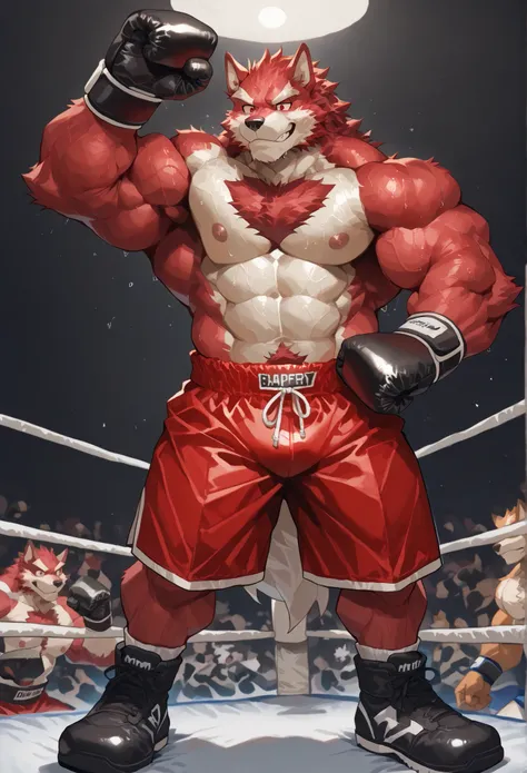 4K, masterpiece quality, pov_boxing, Looking down on the losers, black boxing shoes, black boxing gloves, red boxing trunks with black side lines, full body, depth of field, boxing, proudly pose, hands on hips and one arm raised pose, boxing ring backgroun...