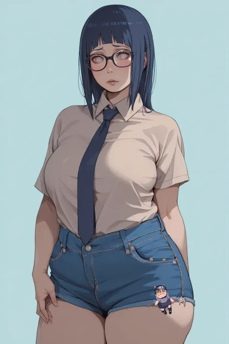 1 plump girl, Hyuuga Hinata, long dark blue hair, bangs, blank eyes, blush lines, cute face, glasses, voluptuous, big breasts, white shirt, blue tie, denim shorts, Naruto Shippuuden, simple background