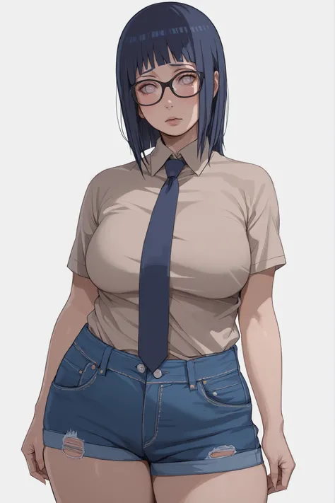 1 plump girl, Hyuuga Hinata, long dark blue hair, bangs, blank eyes, blush lines, cute face, glasses, voluptuous, big breasts, white shirt, blue tie, denim shorts, Naruto Shippuuden, simple background, fullbody