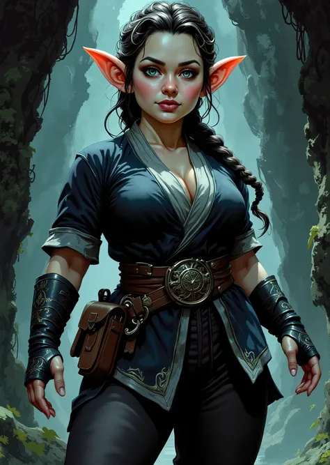 An extremely detailed comic book illustration of a stunningly beautiful extremely curvaceous Gnome from Dungeons and Dragons petite magical folk with big eyes and pointed ears created by gods of invention and illusion seldom seen by other folk due to the g...