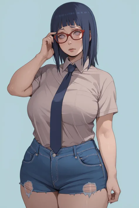 1 plump girl, Hyuuga Hinata, long dark blue hair, bangs, blank eyes, blush lines, cute face, glasses, voluptuous, big breasts, white shirt, blue tie, denim shorts, Naruto Shippuuden, simple background, fullbody