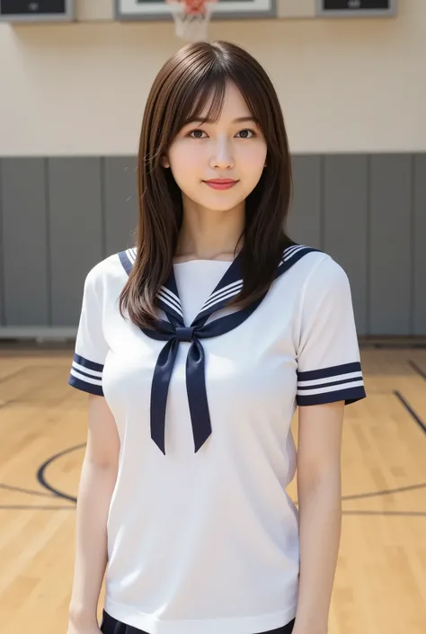 firm and big breasts, cleavage, A realistic photographic composition framed from just below the shoulders of a female high school student wearing a traditional sailor-style school uniform, ensuring her entire head is fully visible within the frame without ...