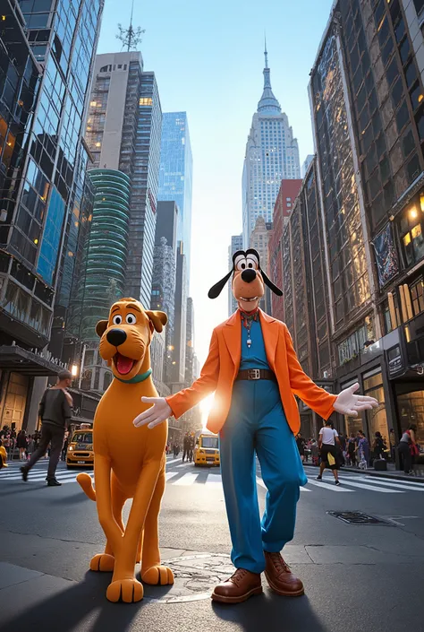 (Imagine ((Goofy with Pluto in cartoon format)) strolling in a city in a different reality and context because Goofy and Pluto had left the cartoon universe and started to interact in the real world so real people, Buildings , carros , Stores everything re...