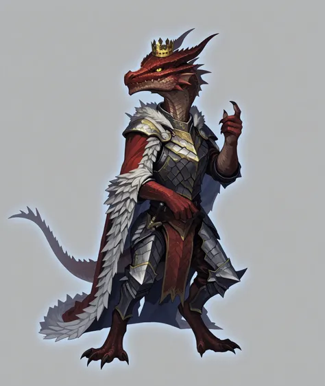 kobold, noble, scaled, reptilian, yellow eyes, steel armor, king's cape, fatalis, wearing a crown, red scales