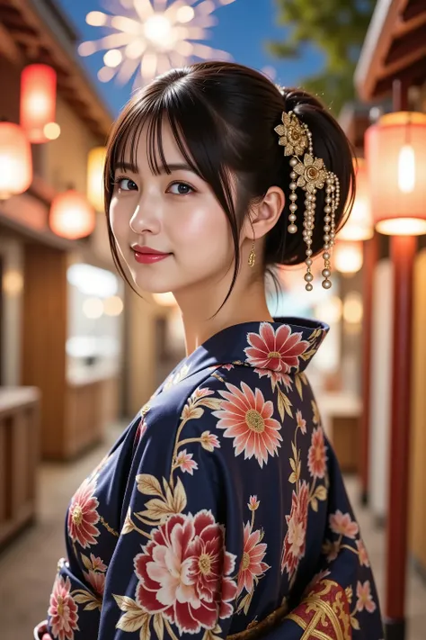 firm and big breasts, cleavage, A realistic photographic composition framed from just below the shoulders of a female subject wearing a traditional Japanese furisode kimono in an outdoor summer festival setting, ensuring her entire head is fully visible wi...