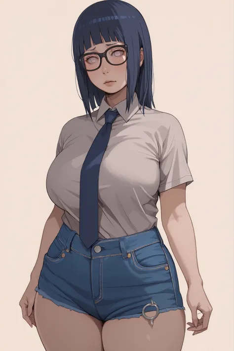 1 plump girl, Hyuuga Hinata, long dark blue hair, bangs, blank eyes, blush lines, cute face, glasses, voluptuous, big breasts, white shirt, blue tie, denim shorts, Naruto Shippuuden, simple background, fullbody