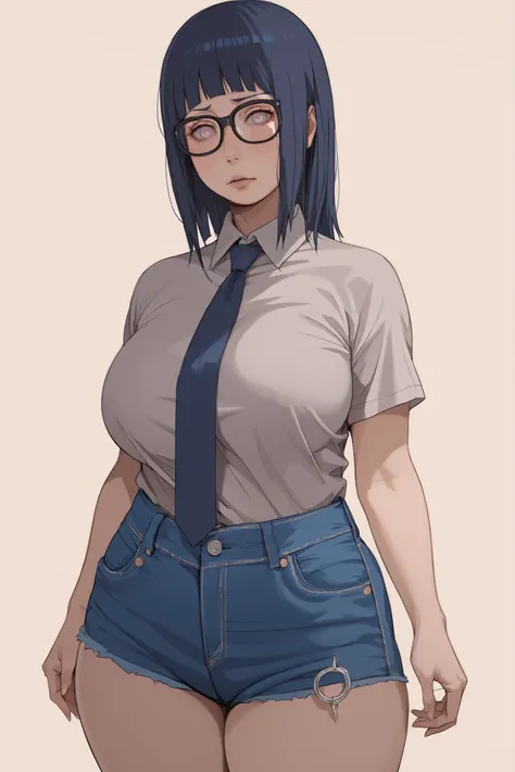 1 plump girl, Hyuuga Hinata, long dark blue hair, bangs, blank eyes, blush lines, cute face, glasses, voluptuous, big breasts, white shirt, blue tie, denim shorts, Naruto Shippuuden, simple background, fullbody