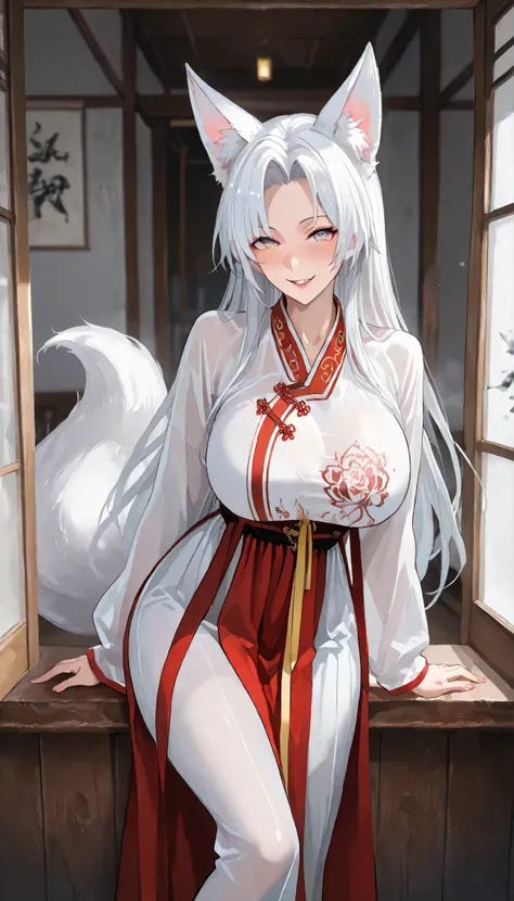 Fox ears,big Fox tails, Gradient eyes, Seductive smile, Naughty face, torogao, White hair, curtained hair, Sony FE GM, first person perspective, Wide shot, hyper HD, Anatomically correct, Super detail, Textured skin, ccurate, High details, Best quality, 16...