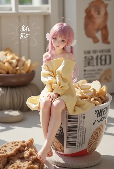 high resolution, 32K, realistic depiction, (masterpiece, highres, high resolution:1.2), (((She is very small. She is sitting on the edge of a cup noodle container.))), noodle stopper,nissin cup noodle,cup ramen, minigirl, full body, simple background, 1 gi...