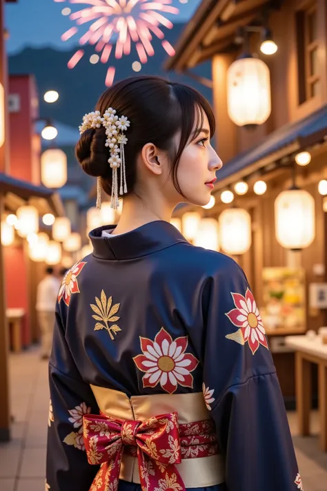 firm and big breasts, cleavage, A realistic photographic composition framed from just below the shoulders of a female subject wearing a traditional Japanese furisode kimono in an outdoor summer festival setting, ensuring her entire head is fully visible wi...