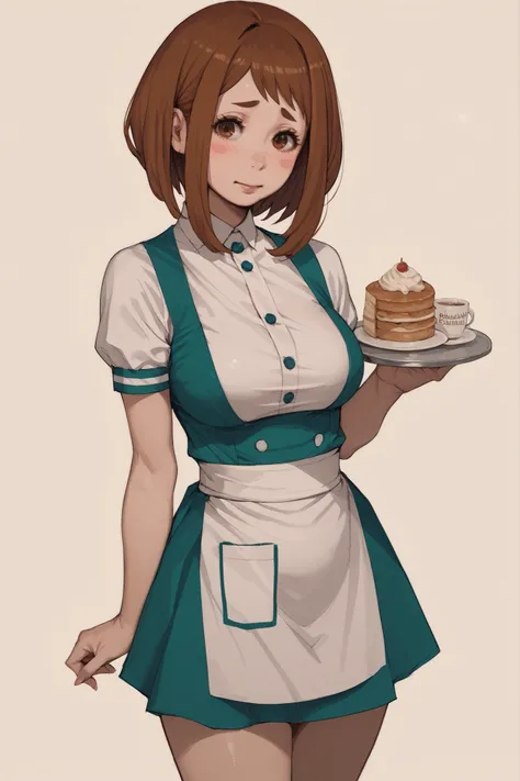 1 girl, Ochako Uraraka, short brown hair, partered bangs, blush, cute face, voluptuous, medium breasts, waitress, Boku no Hero, simple background, fullbody