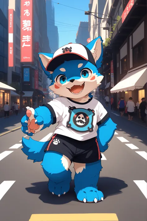 Anime style drawing of a dog with a hat and baseball cap, very very beautiful furry art, pov furry art, furry art, furry art!!!, High Quality Doujin Works , The highest-rated, detailed fan art, city street world background, fursona art, furry anime, by Sh...