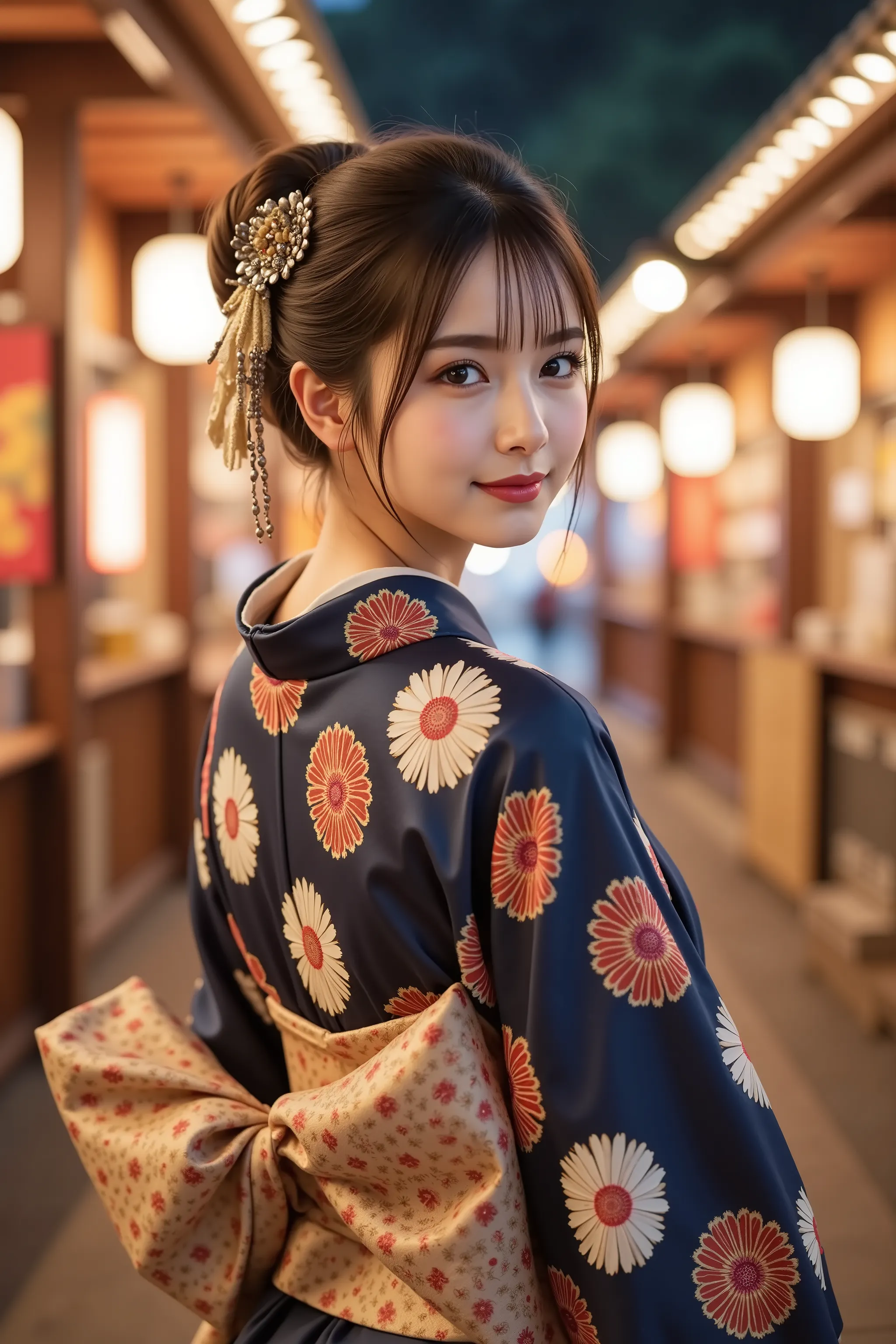firm and big breasts, cleavage, A realistic photographic composition framed from just below the shoulders of a female subject wearing a traditional Japanese furisode kimono in an outdoor summer festival setting, ensuring her entire head is fully visible wi...
