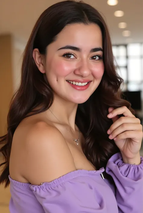 Female ((20year old)), hair ((long, wavy, brown)), eyes ((hazel, smart eyes)), clothes ((Polyester, off-shoulders, purple, light purple)), accessories ((hairband)), seductive smile, smiling, indoor , Hotel Reception, Day ambiance atmosphere , Ultra Realist...