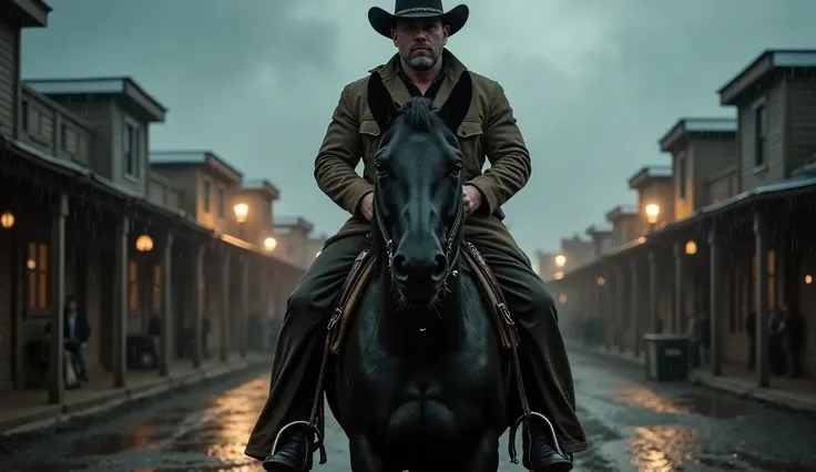 hyper-realistic cinematic in 16:9 aspect ratio: ((a burly cowboy astride his black horse)) Close-up, riding slowly through a deserted old western town in heavy rain. The camera captures an intense close-up focused on the cowboy's upper body and face, his s...