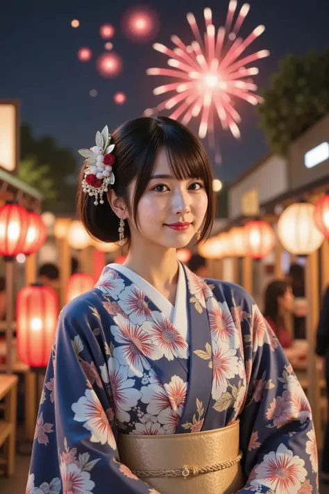 firm and big breasts, cleavage, A realistic photographic composition framed from just below the shoulders of a female subject wearing a traditional Japanese furisode kimono in an outdoor summer festival setting, ensuring her entire head is fully visible wi...