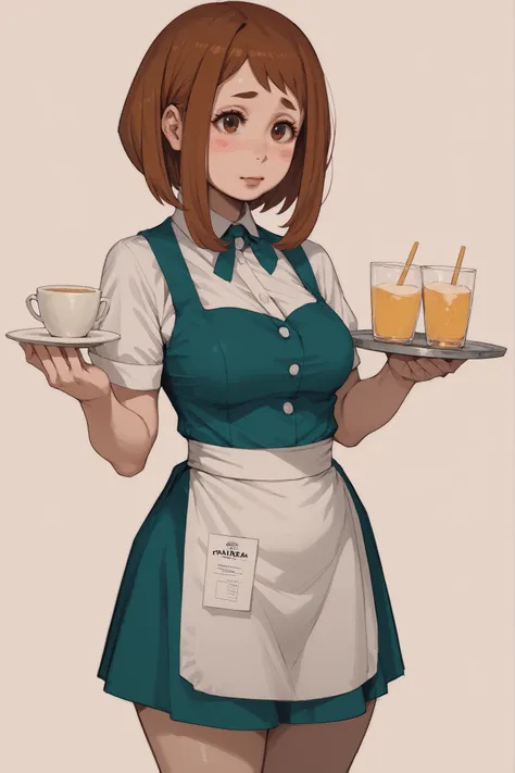 1 girl, Ochako Uraraka, short brown hair, partered bangs, blush, cute face, voluptuous, medium breasts, waitress, Boku no Hero, simple background, fullbody
