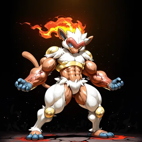 solo, full body, from front, standing, BREAK Infernape(Pokémon), Pokémon(creature),BREAK big eyes, slant eyes, dark blue eyes, looking at viewer, malicious smile, well-featured face, BREAK (Toned body), (Huge and strong body of overwhelming muscularity), b...
