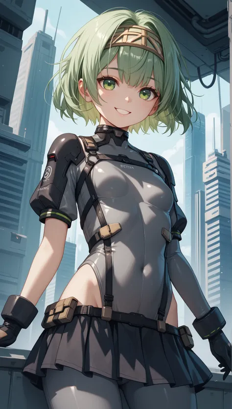  young_1teen,petit_girl, solo, long_shaggy_hair, green_hair, long_bangs,bare_shoulders,short sleeves, (thin_gray_bodysuit), black_harness, green eyes, very_short_front_cutout_skirt, dettached_long_sleeves,gloves, light_smile, in futuristic city, , high qua...