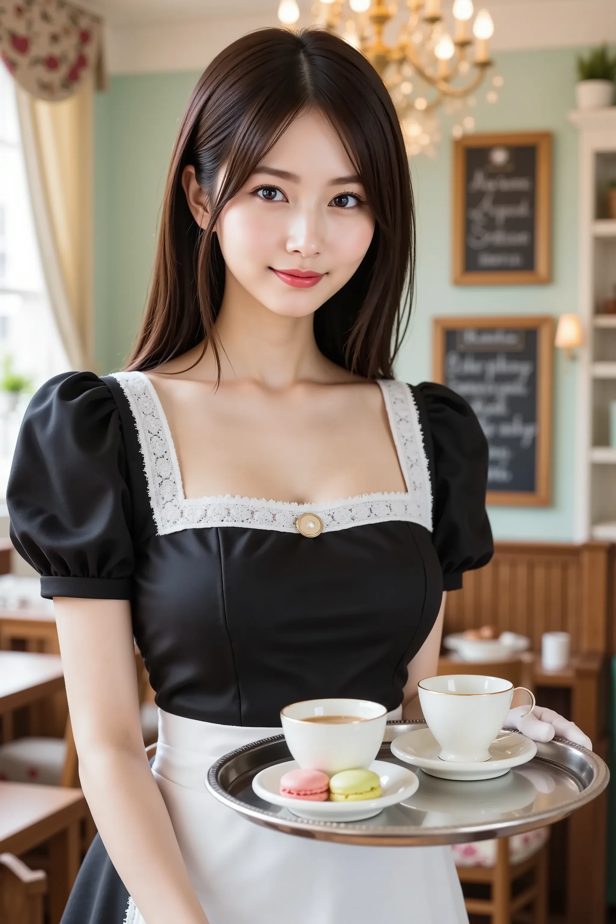 firm and big breasts, cleavage, A realistic photographic composition framed from just below the shoulders of a female server standing in a maid café interior, ensuring her entire head is fully visible within the frame without any cropping. She holds a poli...