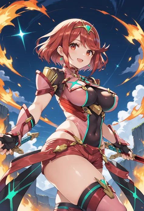 pyra \(xenoblade\), _1girl, armor, bangs, black gloves, breasts, red eyes, closed mouth, earrings, eyelashes, fingerless gloves, floating hair, framed breasts, gem, gloves, hair ornament, headpiece, jewelry, gigantic_breasts, , leotard, neon trim,, pose, r...