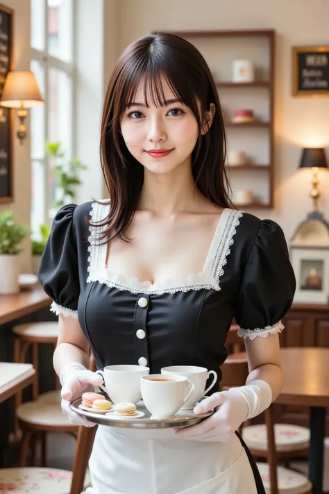 firm and big breasts, cleavage, A realistic photographic composition framed from just below the shoulders of a female server standing in a maid café interior, ensuring her entire head is fully visible within the frame without any cropping. She holds a polished round silver serving tray with porcelain teacups, a teapot, and a plate of macarons balanced on her gloved left hand. The subject wears a tailored black cotton blend dress with a square neckline trimmed with white lace, short puffed sleeves edged with lace, and a line of small fabric-covered buttons down the front. A crisp white apron with frilled straps crosses at the back and ties in a bow at the waist, its skirt portion falling just below the bottom of the frame. A detachable lace collar fastened by a pearl button rests at the nape, and white latex gloves cover her hands. Warm ambient lighting from vintage chandeliers and wall sconces casts gentle highlights on ceramic and fabric surfaces. Behind her, the café background features pastel walls adorned with framed chalkboard menus in elegant script, wooden tables and chairs with floral seat cushions, glass display cases with colorful pastries, decorative fabric bunting strung from ceiling beams, a vintage cash register on a wooden counter, small potted plants on shelves, and lace curtains at windows, all softly blurred by a shallow depth of field created with an 85 mm equivalent prime lens at f/2.2 on a full-frame sensor, producing smooth circular bokeh. The décor blends Victorian-inspired ornamentation and modern cozy accents. The color balance is neutral with accurate white point calibration, faithfully rendering black, white, and pastel tones while preserving natural skin tones and metallic tray sheen. just below the shoulders