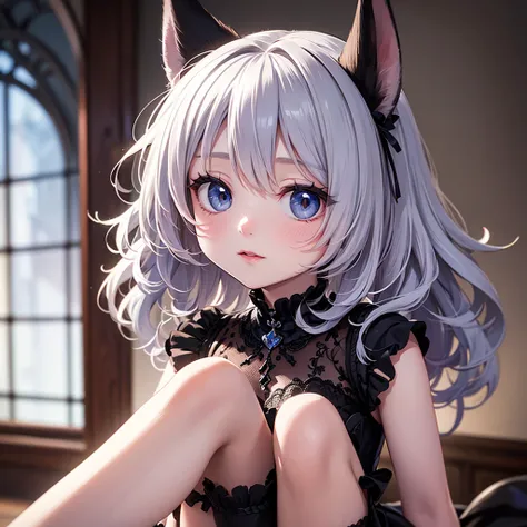 silver hair, dog ears,frill dress,wavy hair,delicate features quiet gaze,beautiful half body illustration,beautiful backgraund,atmospheric lighting,sharp focus,cute face,reduce saturation,fine detailed face,small nose and mouth,volumetric top lighting,bold line painting, soft shadow,1girl,solo,female focus,small breasts,flat ,ta,short height,skinny girl,blue eyes,open legs,animal ears,
