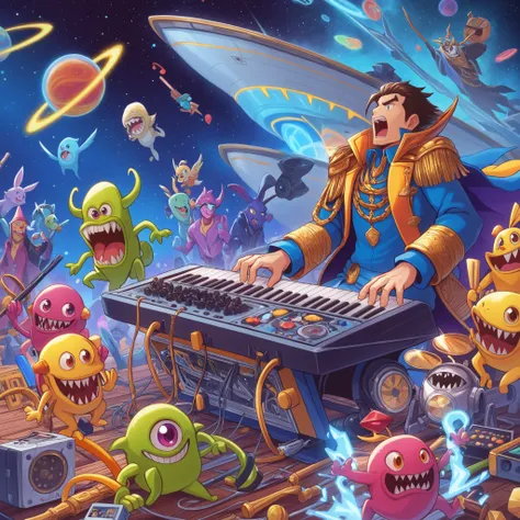 interstellar music scene! Galactic alien party rave music concert.band of aliens musicians knows how to rock the universe :Pop surrealist digital illustration with anime-inspired character, )A dynamic comic book style illustration (Pop surrealist digital i...