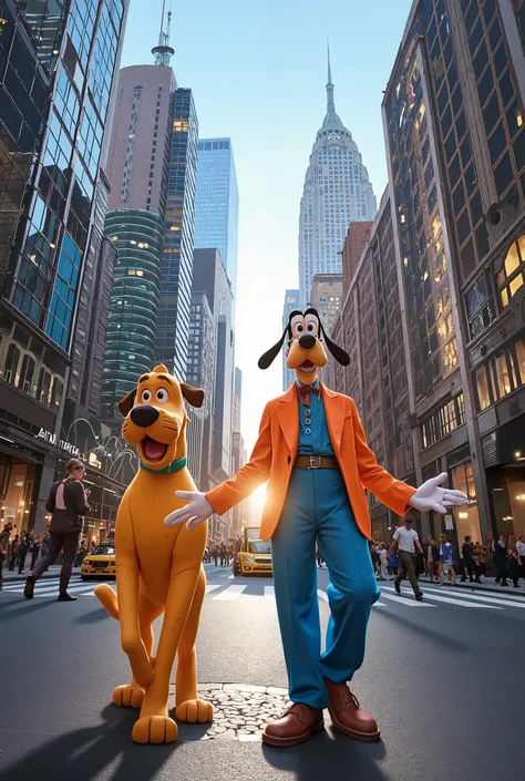 (Imagine ((Goofy with Pluto in cartoon format)) strolling in a city in a different reality and context because Goofy and Pluto had left the cartoon universe and started to interact in the real world so real people, Buildings , carros , Stores everything re...