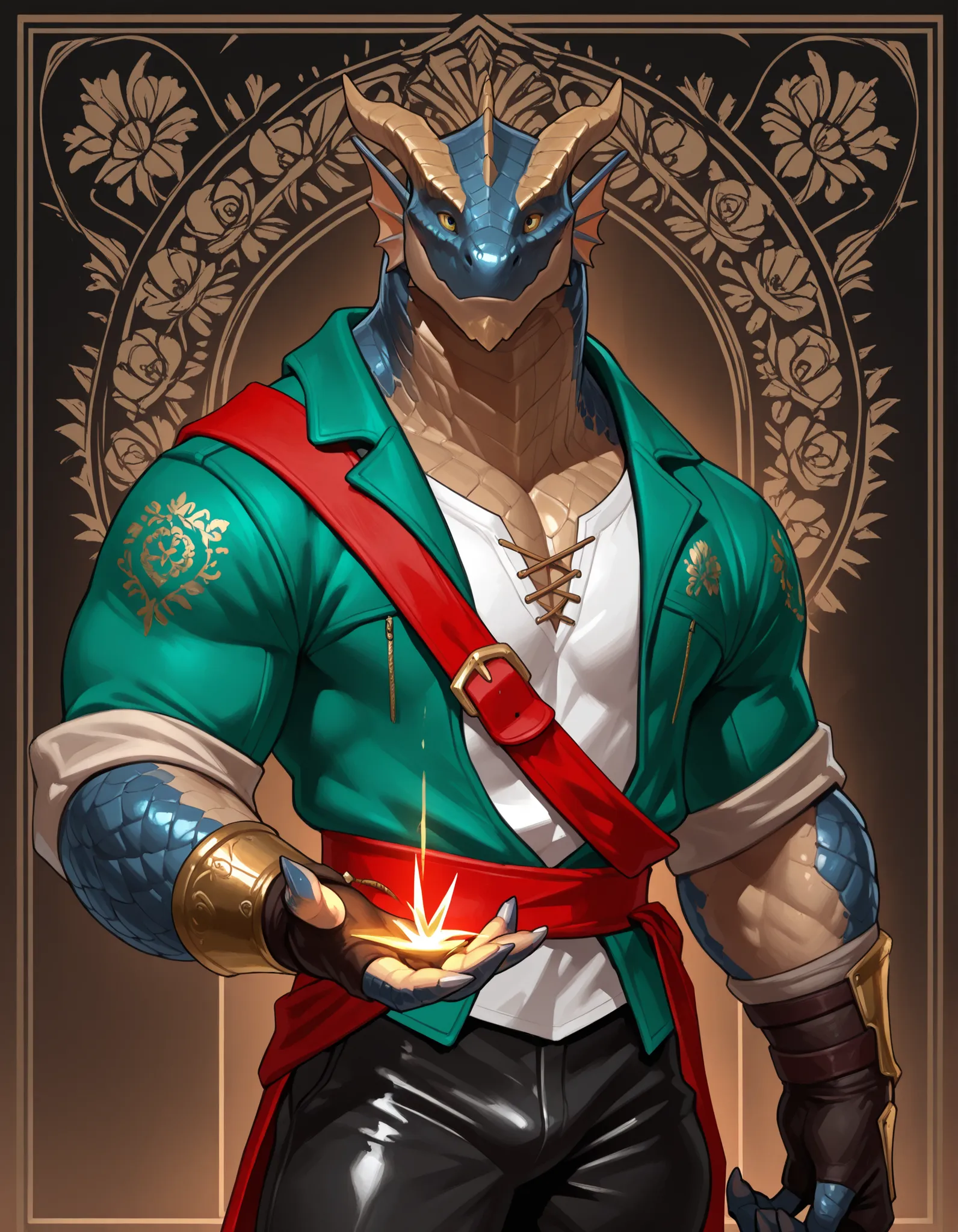 Anthro male dragonborn, DnD, yellow sclera, metallic brass scales, muscular man, bara, wide shoulders, solo, 1man, muscly arms, wide chest, wide torso, (Norwegian Bunad, green jacket, rolled up sleeves, black trousers, white shirt, gold embroidery, floral ...