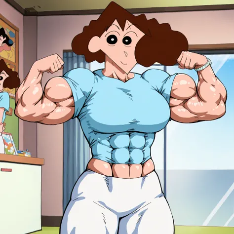 1 girl,Alone, muscular girl, Crayon Shin-chan, Misae Nohara,brown hair, dark eyes, white puple, anime coloring book , sharp pointy lines, bright lskin tone, muscular, strong physique, over-sized breast, short sleve, sky blue shirt, tight shirt, white pant ...